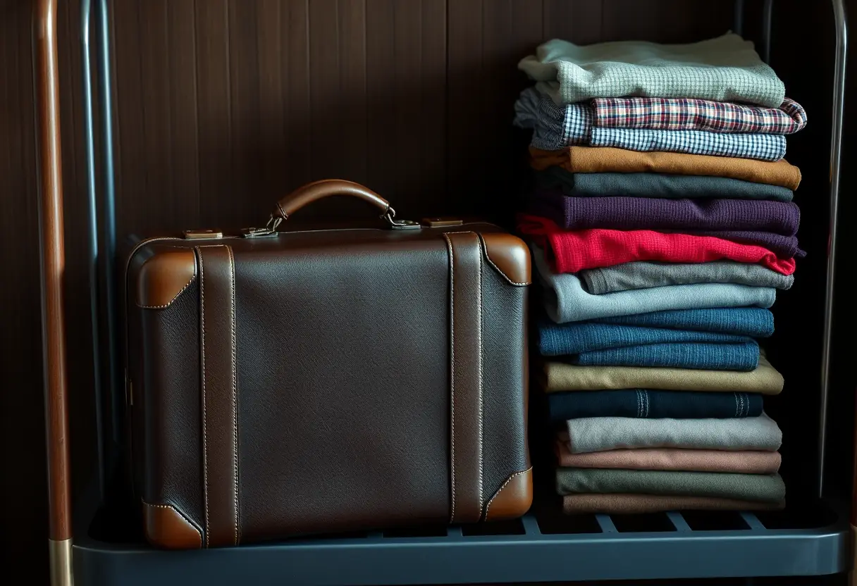 Une valise en cuir fermée posée sur un porte-valises dans une chambre d'hôtel, près d'une pile de vêtements soigneusement pliés