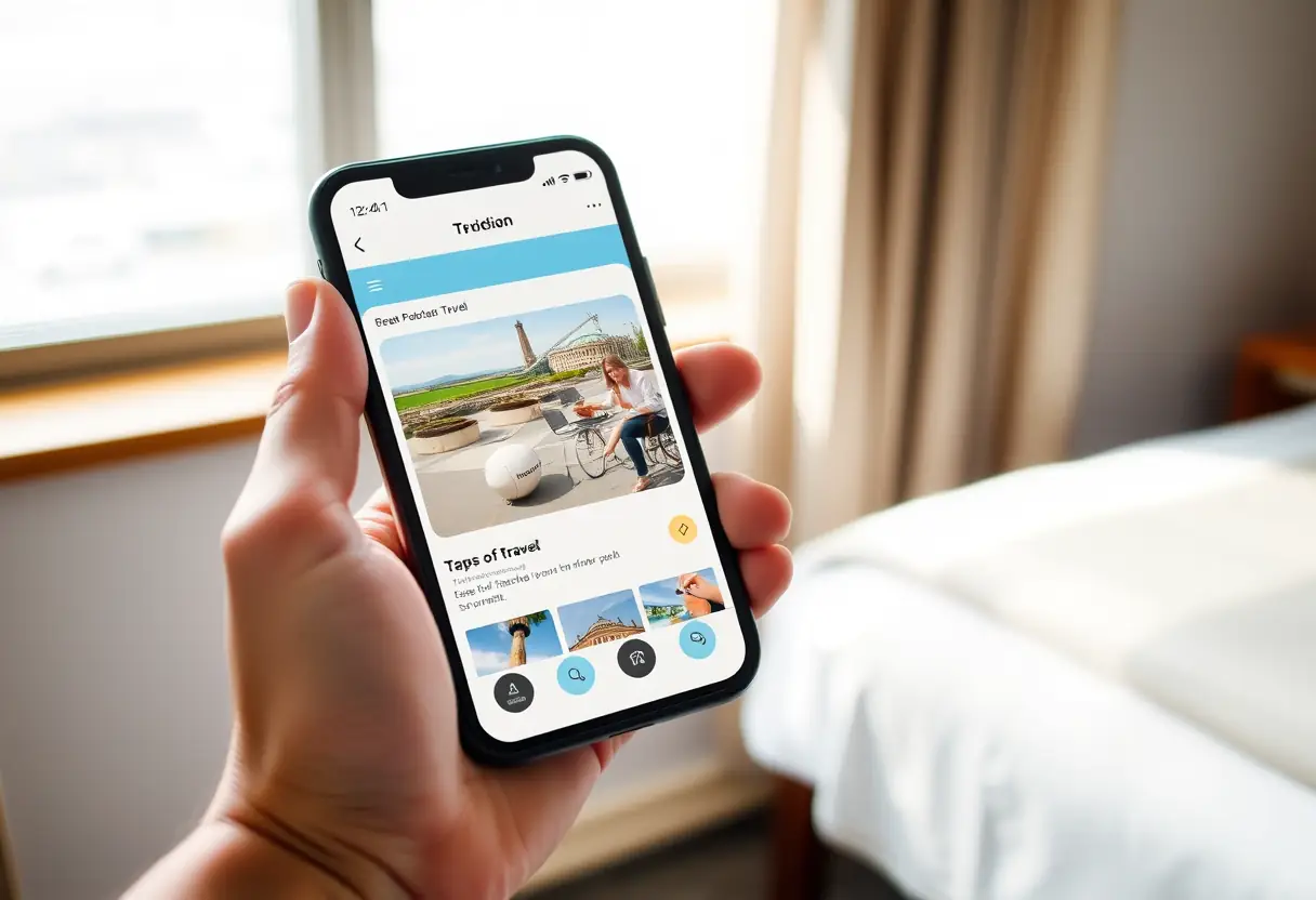 Une main tenant un téléphone portable avec une application de voyage ouverte, posée sur un rebord de fenêtre dans une chambre d'hôtel