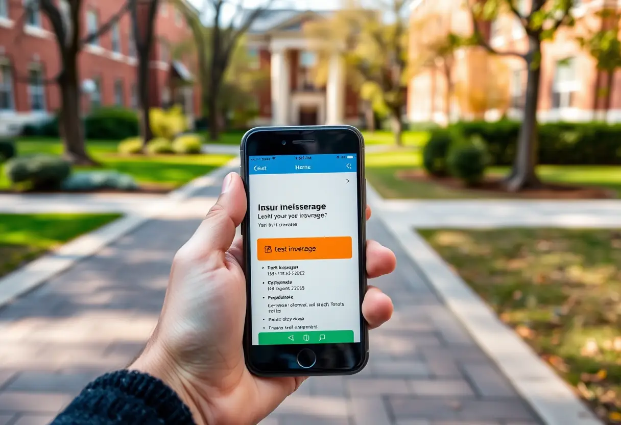 La main d'une personne tient un smartphone affichant une application qui montre les détails de la couverture d'assurance, contre le paysage d'un chemin de campus universitaire