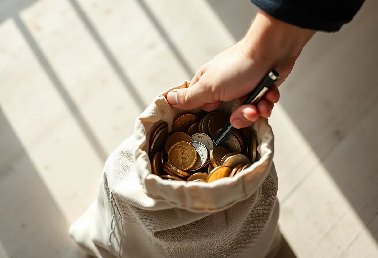 Une main pénètre dans un sac en toile rempli de pièces de monnaie et d'un stylo