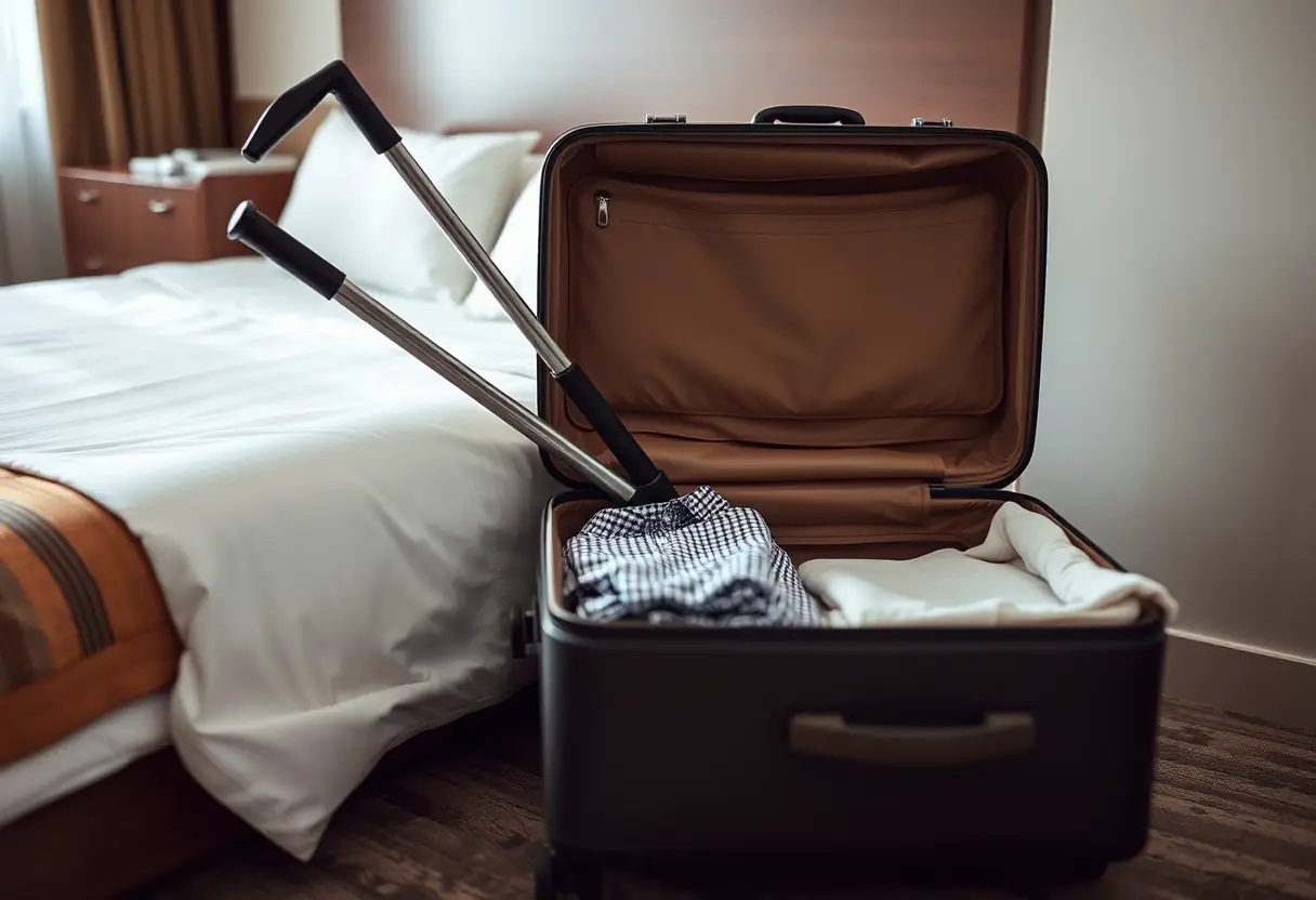 Une poignée télescopique déployée sur un tapis de chambre d'hôtel, la valise entrouverte révèle des vêtements pliés avec soin