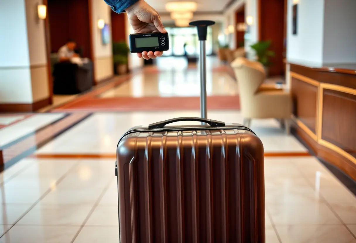 Une main soulève une balance à bagages portable pour peser une valise moyenne posée sur le carrelage d'une réception d'hôtel