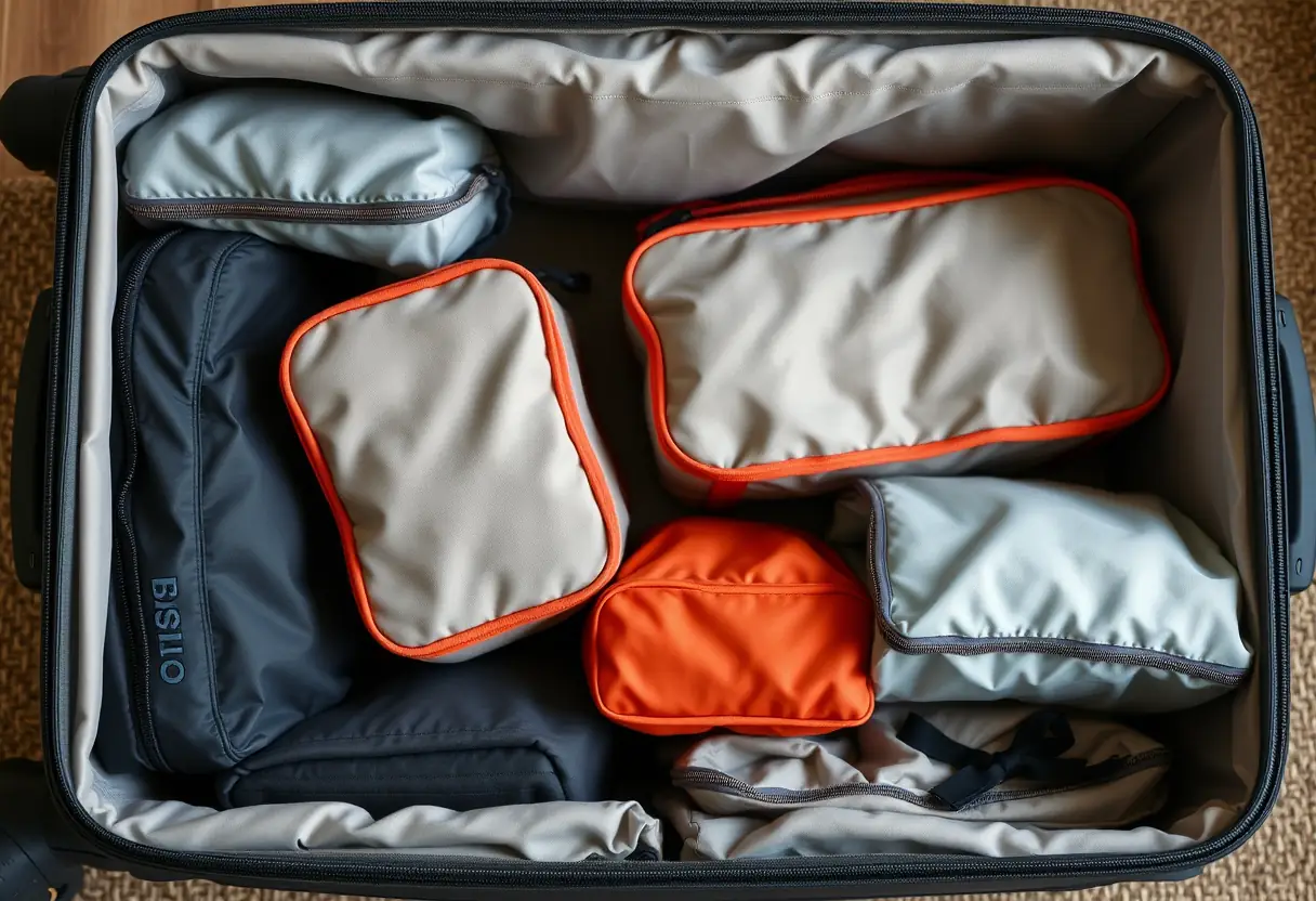 Des cubes de rangement bien organisés à l'intérieur d'une grande valise souple