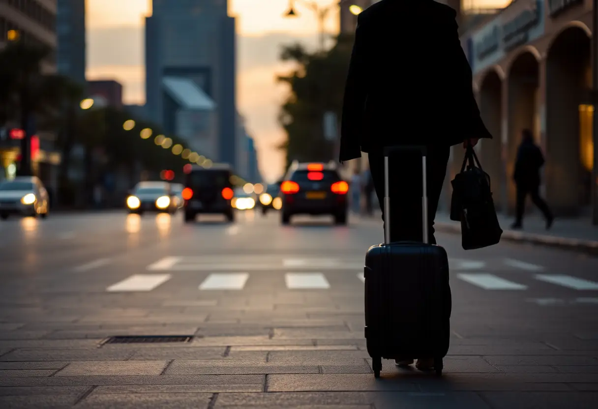 Un profil d'une personne poussant une valise à roulettes le long d'une rue animée au crépuscule