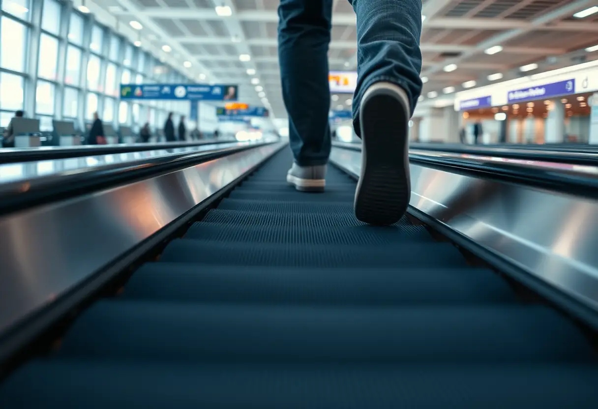 Des pieds posés sur un tapis roulant dans un terminal d'aéroport