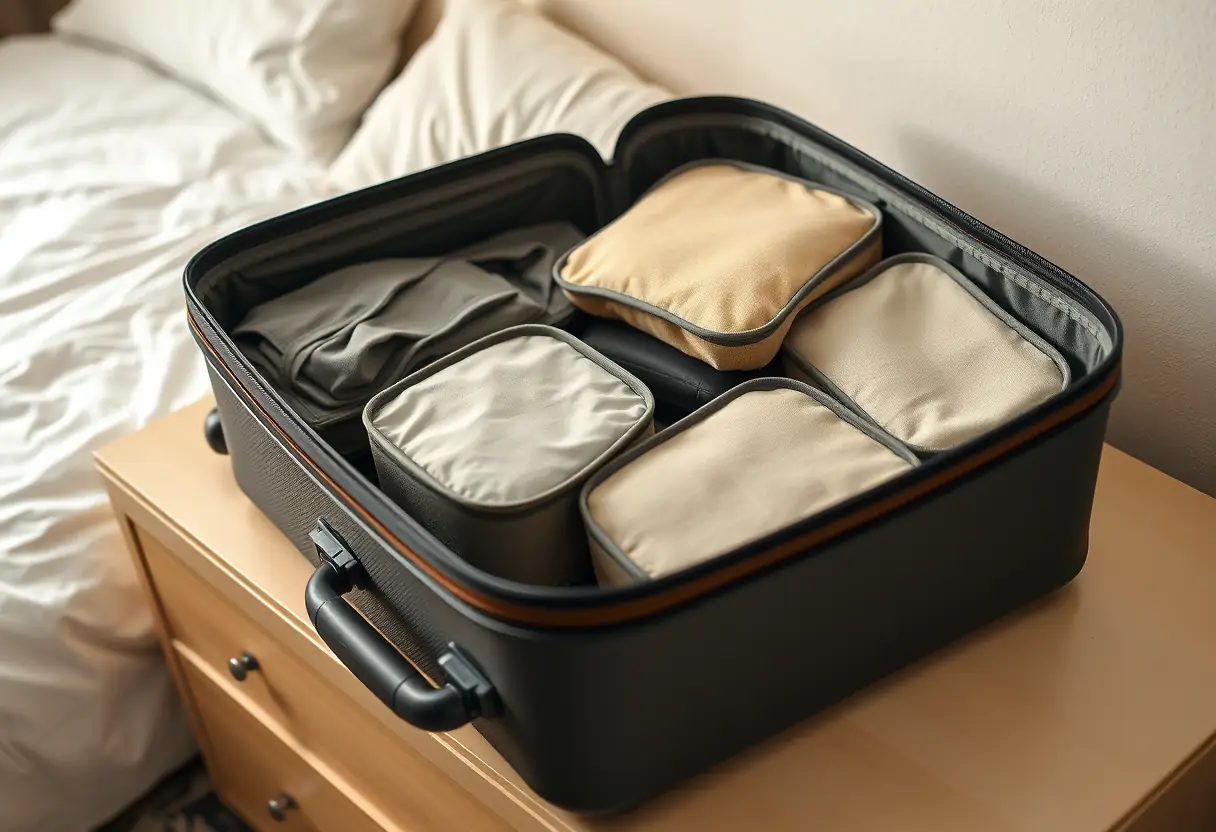 Des cubes de rangement disposés dans une valise rigide posée sur une commode dans une chambre