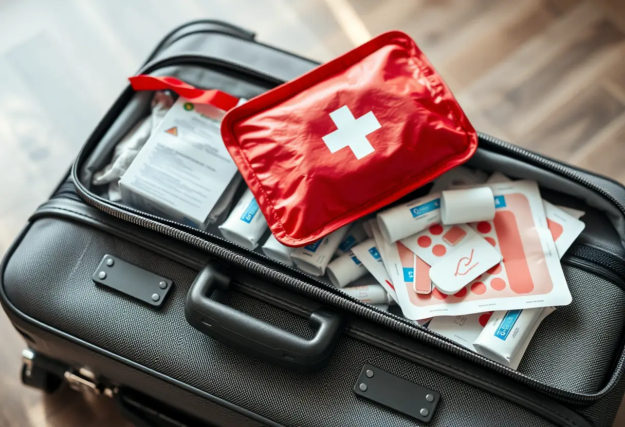 Un kit de premiers soins roulé posé sur une valise bien organisée, avec des bandes et des onguents visibles à l'intérieur