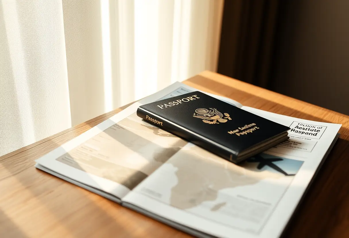 Un passeport posé sur une brochure pliée sur une table en bois, la lumière du soleil projette des ombres à travers un rideau de fenêtre partiellement ouvert