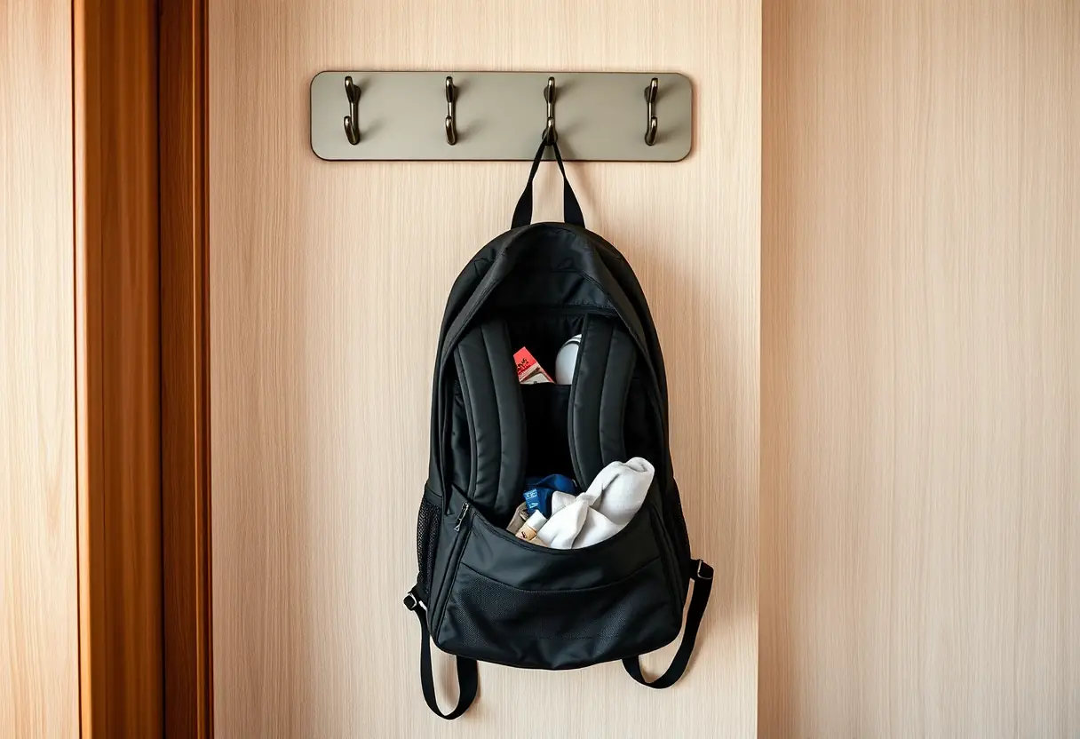 Un sac à dos accroché à une patère dans une chambre d'hôtel, avec des vêtements et des produits d'hygiène visibles à l'intérieur