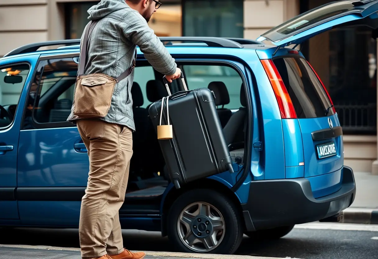 Un voyageur verrouille sa valise avec un cadenas sur le toit d'une minifourgonnette bleue garée sur le trottoir, l'intérieur de la fourgonnette est partiellement visible à travers la porte arrière ouverte