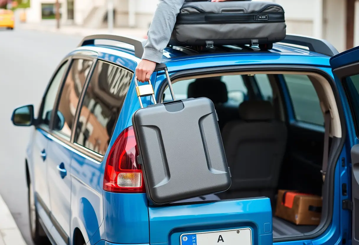 Un voyageur verrouille sa valise avec un cadenas sur le toit d'une minifourgonnette bleue garée sur le trottoir, l'intérieur de la fourgonnette est partiellement visible à travers la porte arrière ouverte