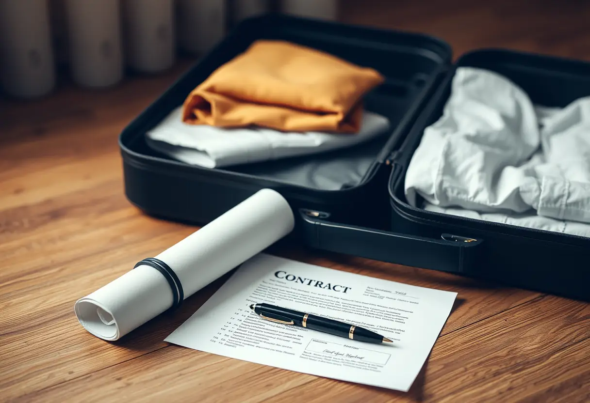 Un contrat roulé et un stylo posés à côté d'une valise ouverte sur un plancher en bois, révélant des vêtements pliés à l'intérieur
