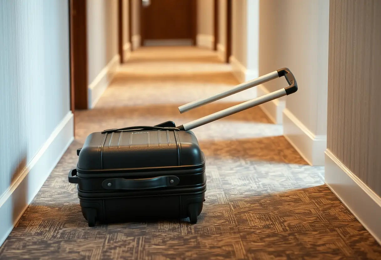 Une poignée télescopique tendue sur une valise chargée dans un couloir d'hôtel