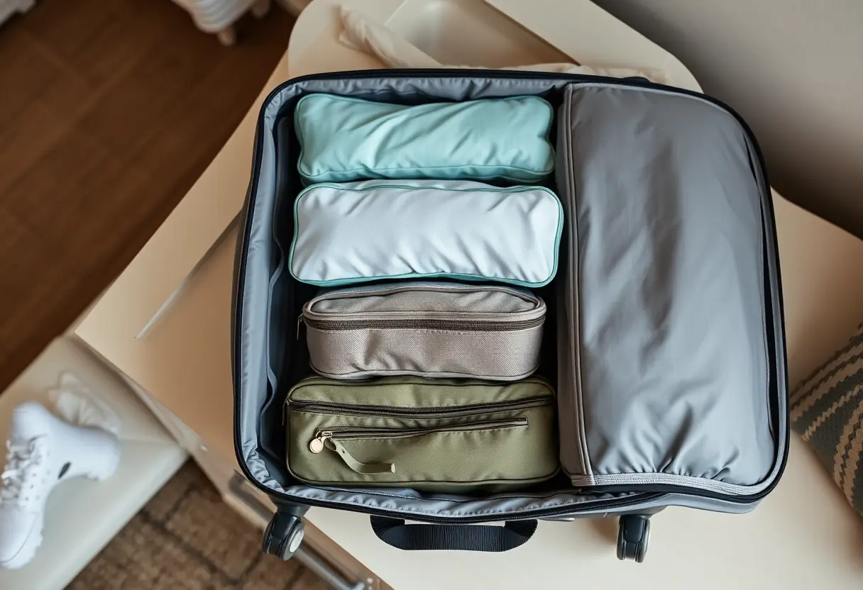 Des cubes de rangement bien alignés à l'intérieur d'une valise souple posée sur une commode de chambre