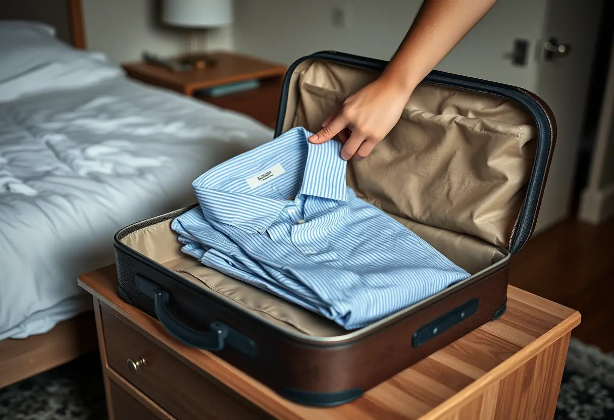 Une main place un vêtement plié dans la coquille ouverte d'une valise sur une commode de chambre