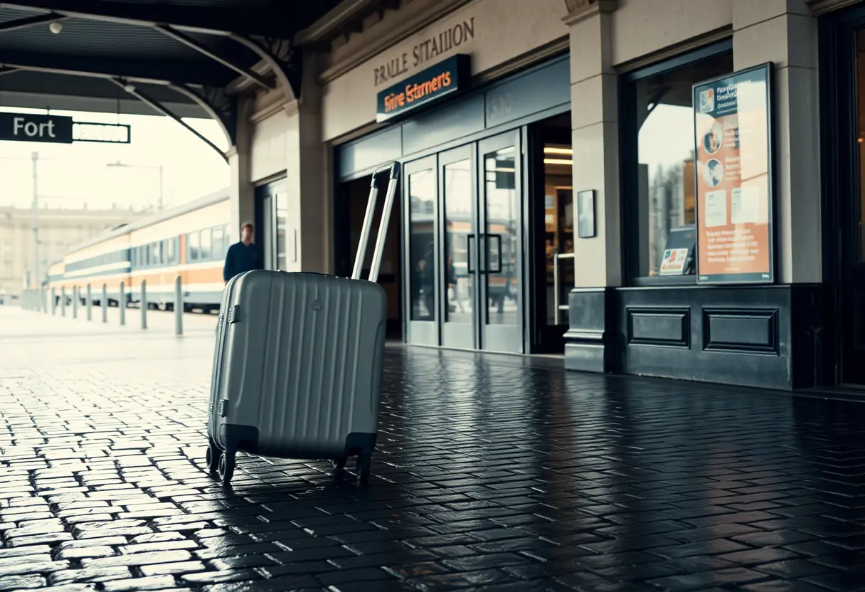 Les roues d'une valise tournent sur un pavé mouillé devant l'entrée d'une gare
