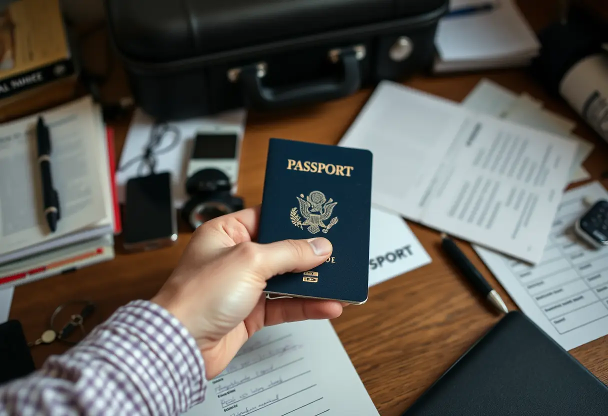 Un livrelet de passeport est tenu par une main sur un bureau encombré, avec un porte-documents fermé à l'arrière.