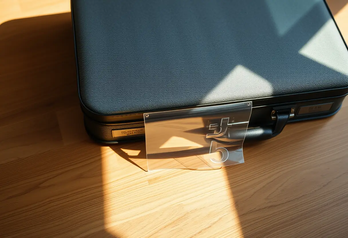 Un autocollant adhésif posé sur une valise en tissu pliée sur une table en bois