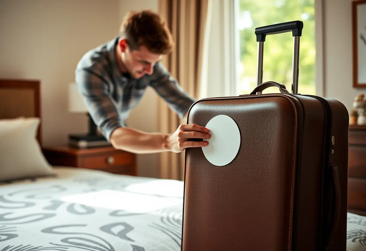 Un voyageur applique un autocollant rond sur une valise en cuir dans sa chambre, la lumière naturelle entre par la fenêtre