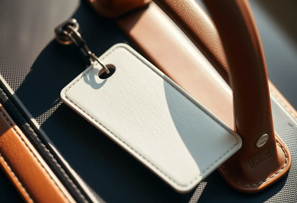 Un autocollant de bagage fixé à une poignée en cuir, éclairé par la lumière du soleil