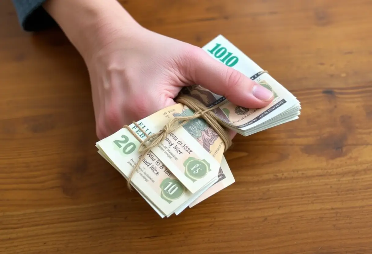 Une main tenant un paquet de billets enveloppé dans un bandeau sur une table en bois