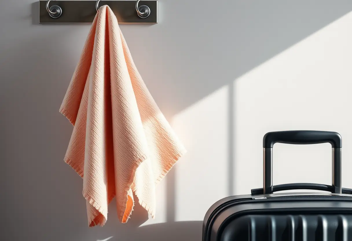 Un porte-manteau avec deux linges en microfibres accrochés à côté d'une valise en polycarbonate