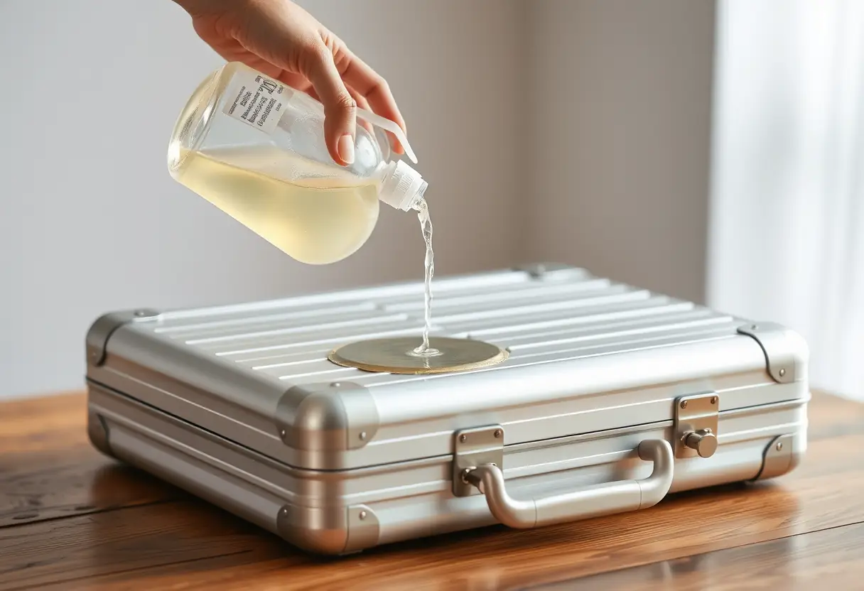 Une main tenant une bouteille de produit nettoyant qui goutte sur une valise en aluminium posée sur une table en bois