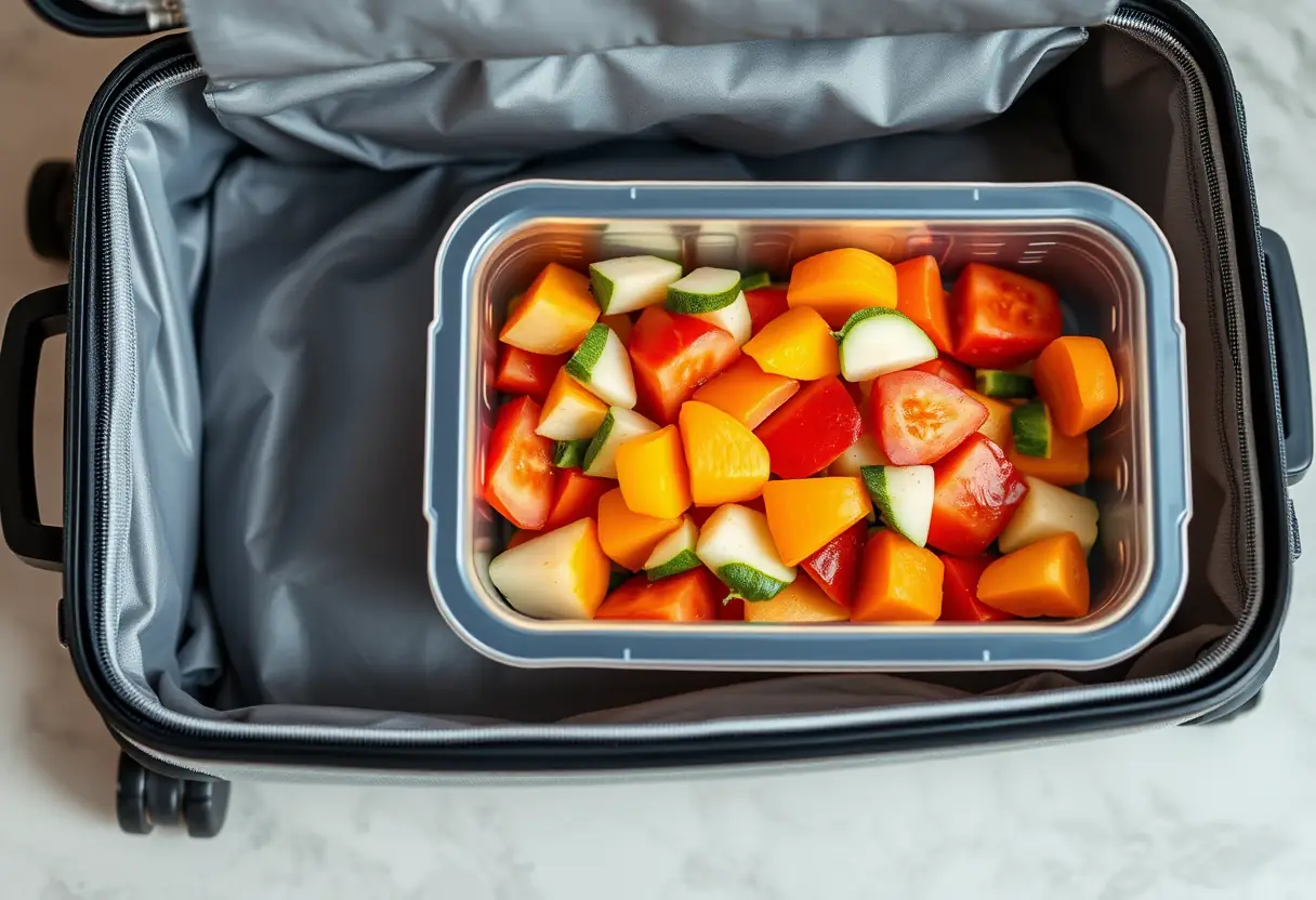 Un conteneur en plastique rectangulaire à l'intérieur d'une valise rigide, partiellement rempli de fruits et légumes coupés et disposés soigneusement