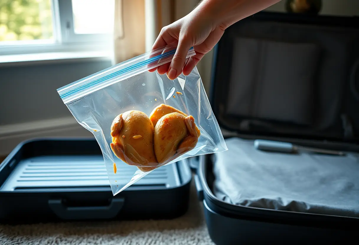 Une main tenant un sac étanche contenant du poulet cuit, placé près d'une valise rigide partiellement ouverte sur le plancher d'une chambre, éclairée par la lumière naturelle d'une fenêtre