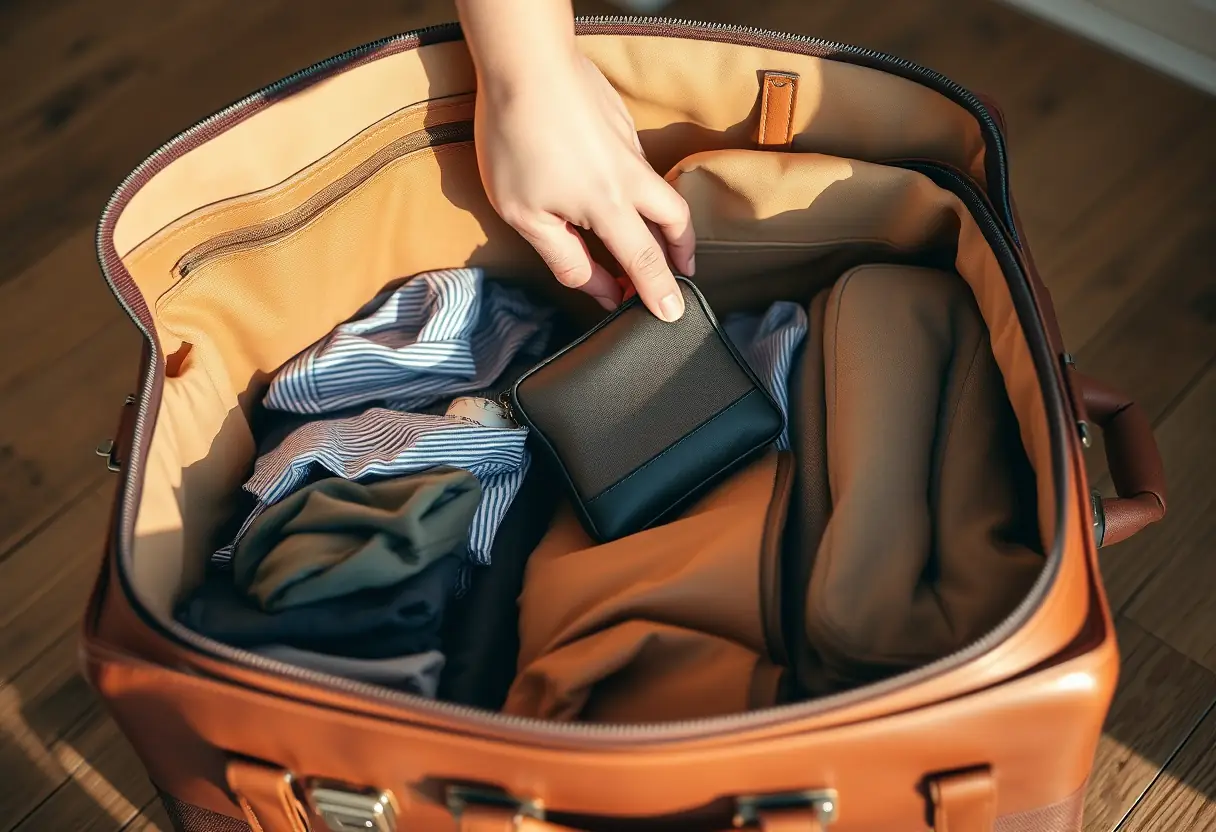 Un valise en cuir ouverte avec des vêtements pliés à l'intérieur et une main qui pose un petit sac de toilette.