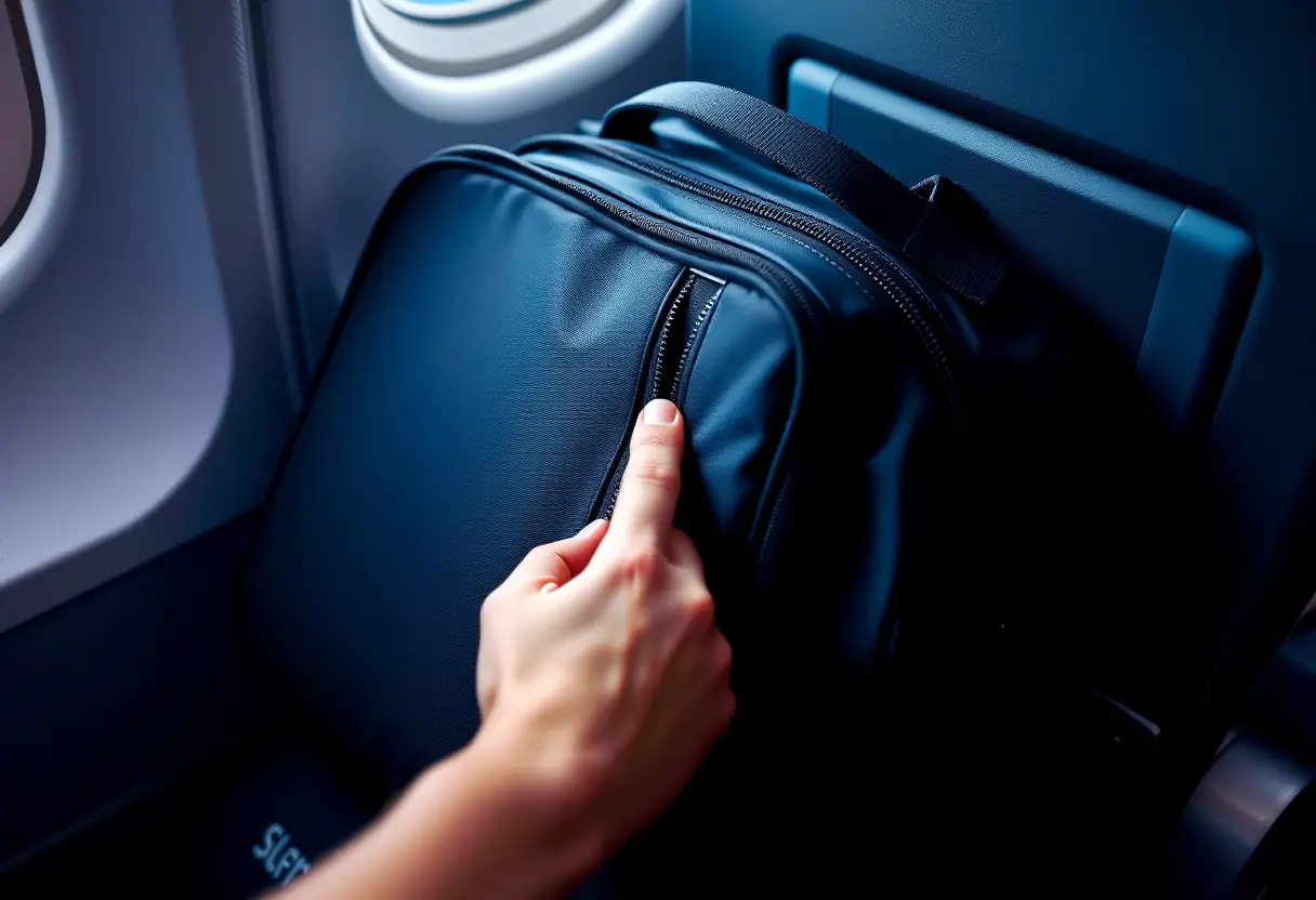 La fermeture d'une valise cabine posée près d'une ceinture de sécurité dans un avion.