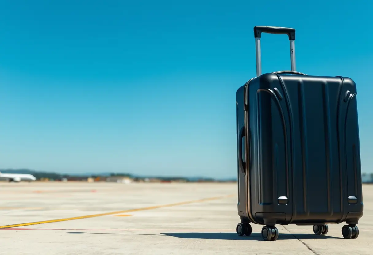 Une poignée télescopique dépliée sur une valise cabine rigide posée sur le tarmac d'un aéroport sous un ciel bleu clair.