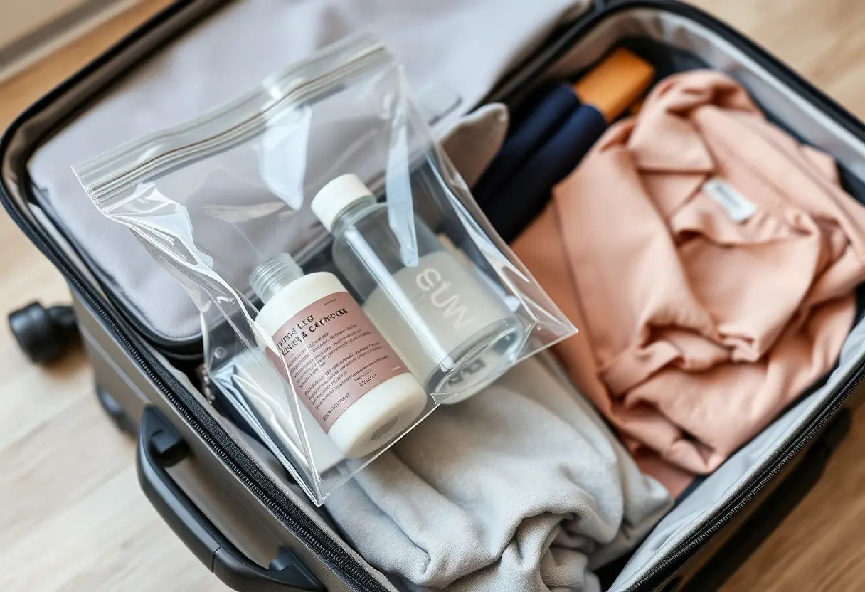 Un sac en plastique transparent posé sur le zip d'une valise fermée, contenant des produits de toilette et une bouteille d'eau, la valise est ouverte montrant ses vêtements bien organisés