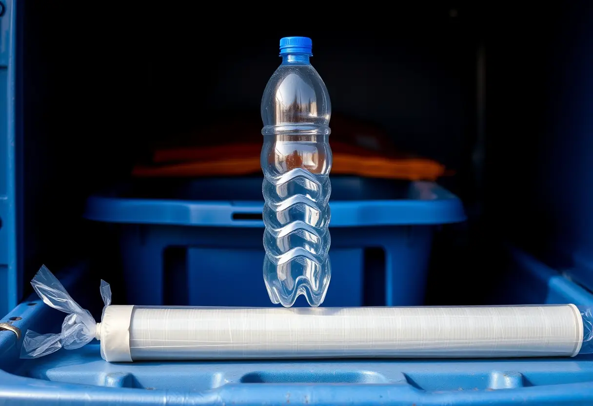 Un bocal en plastique renversé sur un bac de sécurité bleu à côté d'une bobine de film transparent utilisé pour sceller les liquides