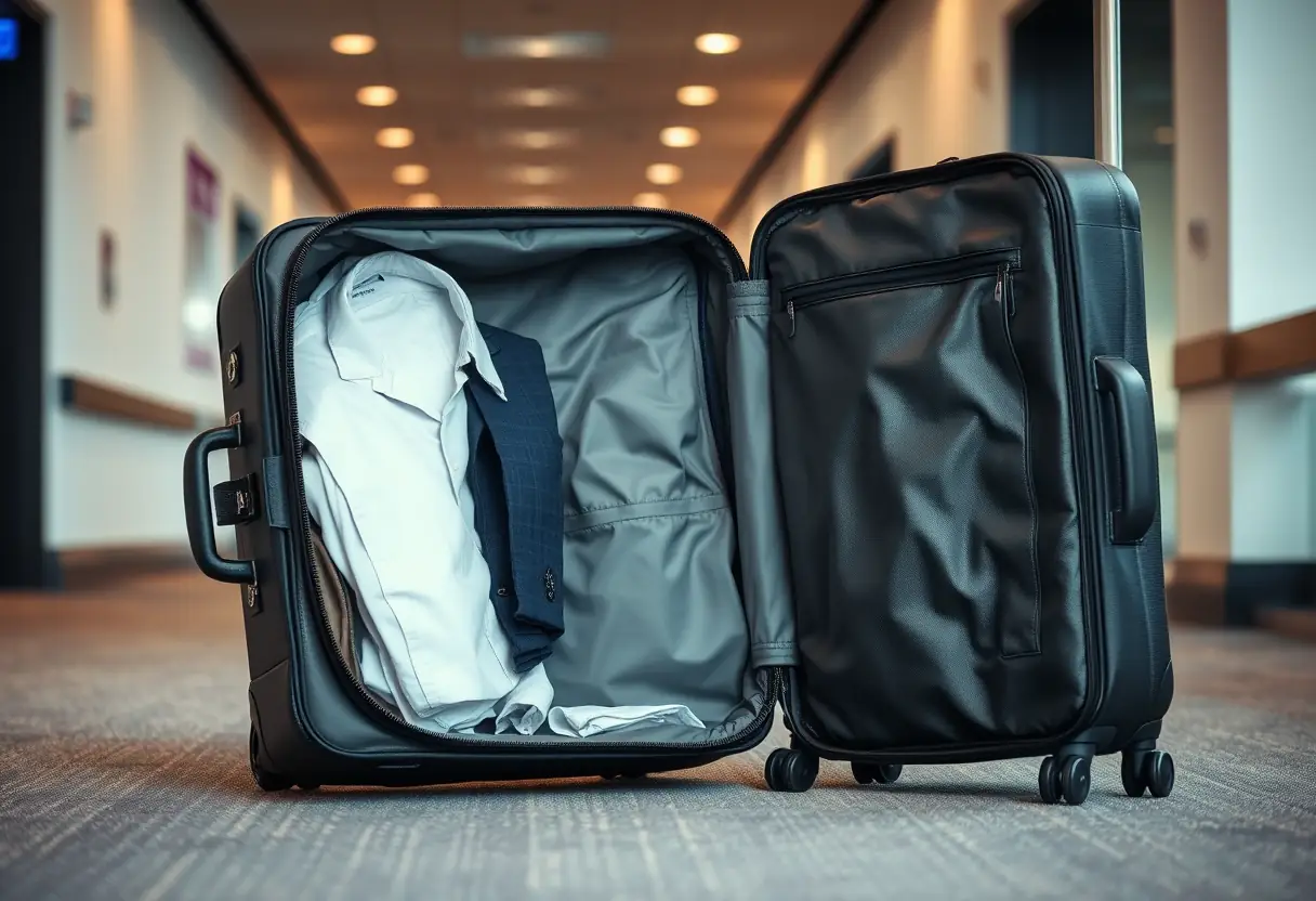 Une valise en cuir noir ouverte partiellement dans un couloir d'aéroport, révélant des vêtements soigneusement pliés à l'intérieur