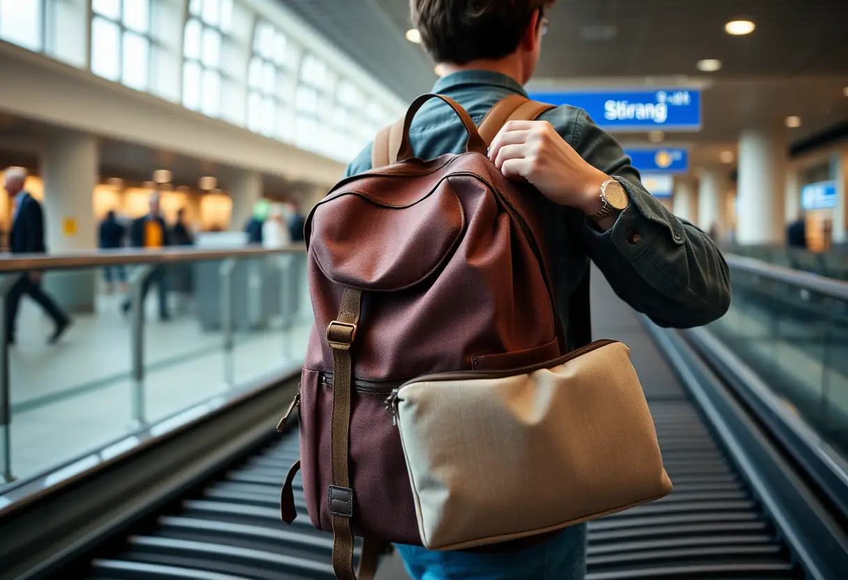 Un voyageur ajuste les bretelles d'un sac à dos en toile sur un tapis de bagages dans un aéroport