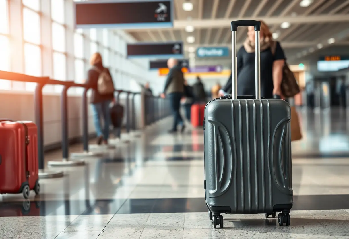 Un porte-valises télescopique sortant d'une valise cabine rigide posée sur le sol près d'un comptoir d'enregistrement à l'aéroport, où d'autres passagers attendent pour enregistrer leurs bagages