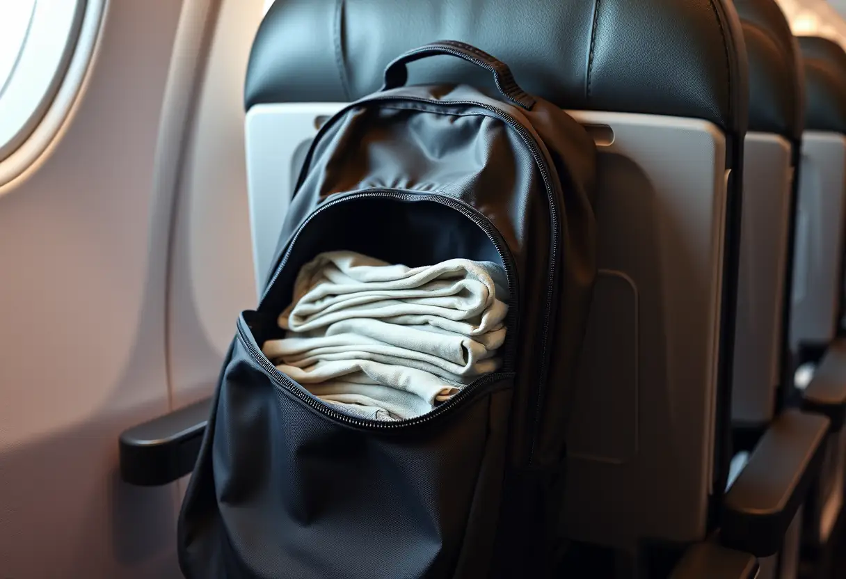 Un sac à dos moyen appuyé contre le dossier d'un siège d'avion, la fermeture éclair ouverte révèle des vêtements pliés