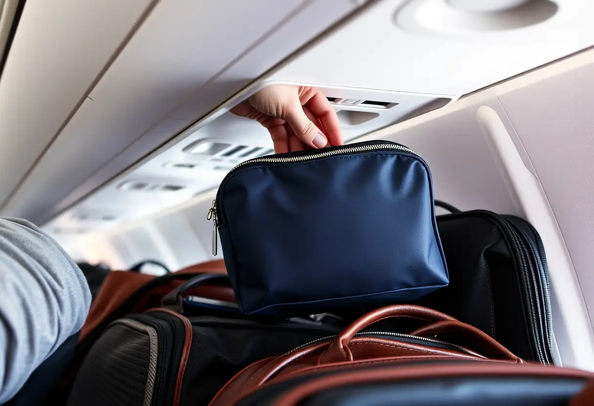 Une main posant un petit sac de toilette dans le compartiment à bagages au-dessus des têtes, aux côtés d'autres sacs de tailles variées