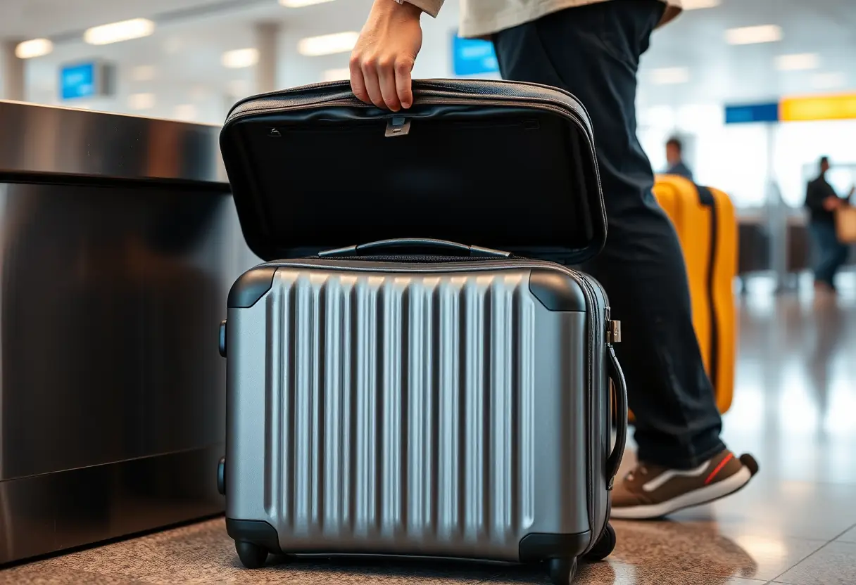 La main d'une personne refermant doucement la fermeture d'une valise de voyage posée sur le sol près d'un comptoir d'enregistrement