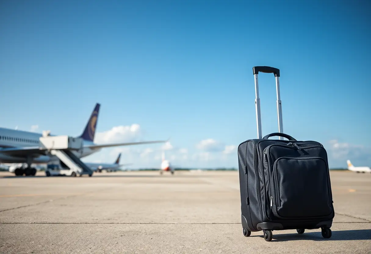 Le manche télescopique d'une valise légèrement étendu, posée sur le bitume près d'un tapis roulant d'aéroport