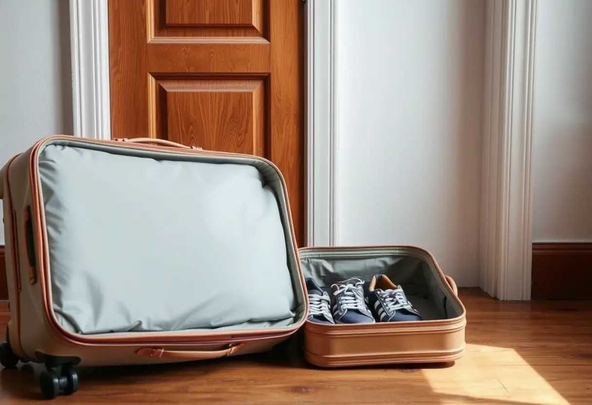 Un sac de voyage muni d'une fermeture à glissière se trouve ouvert près d'une porte, contenant des vêtements pliés et une paire de chaussures rangées en dessous
