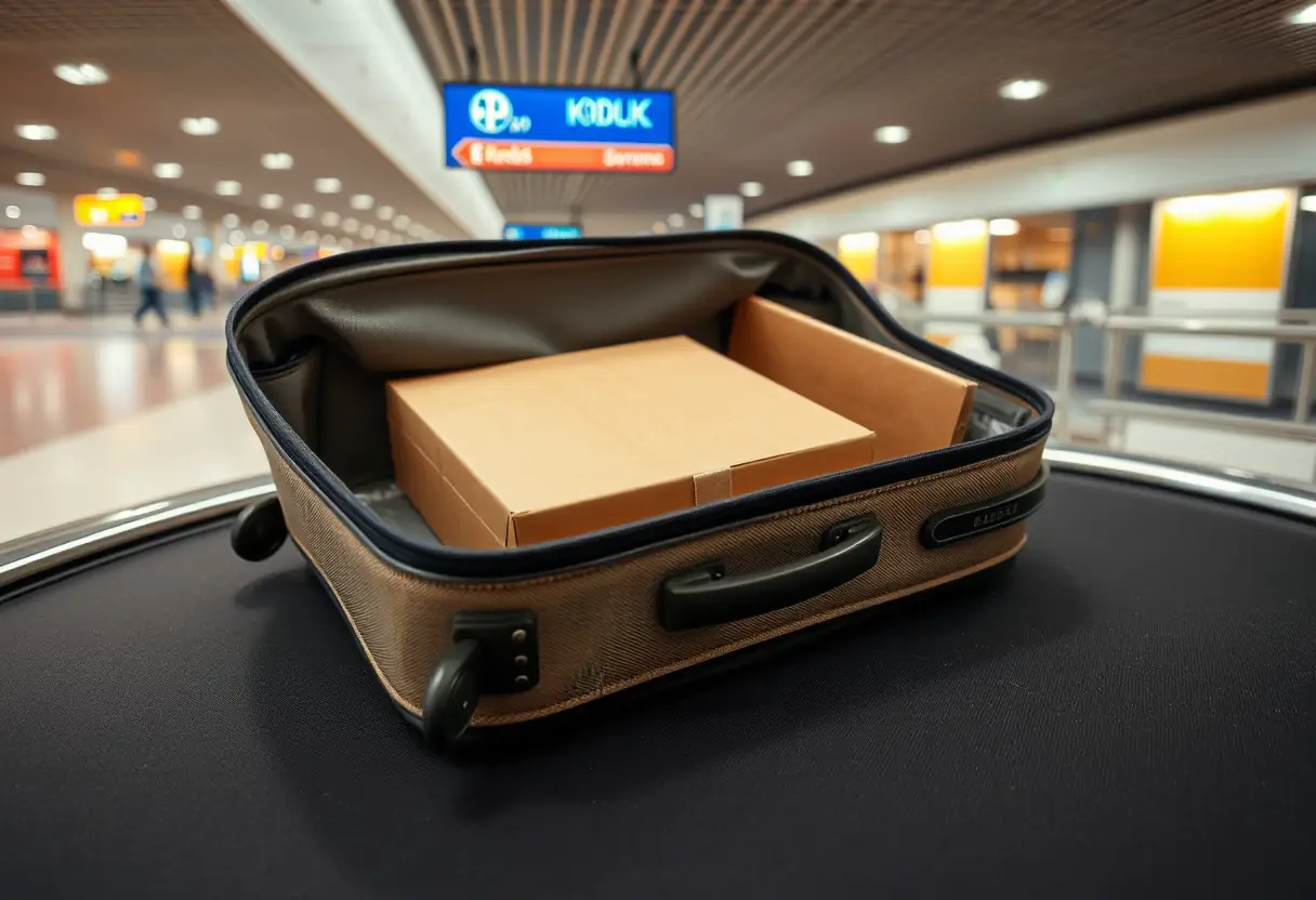 Un carton rectangulaire emballé dans une valise en tissu, tous deux posés sur un tapis de bagagerie à la gare aéroportuaire