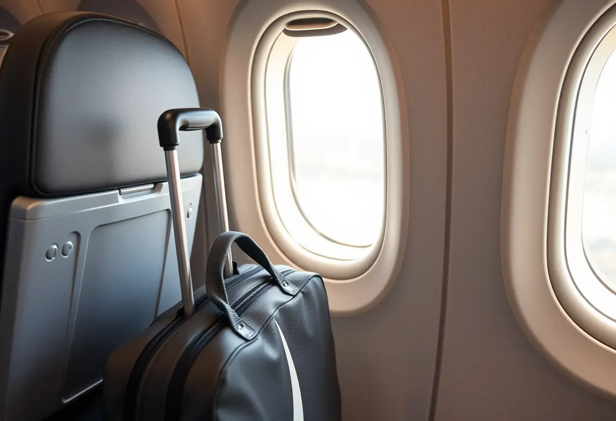 Un bagage cabine avec son attache télescopique posé sur un siège d'avion prêt pour le décollage