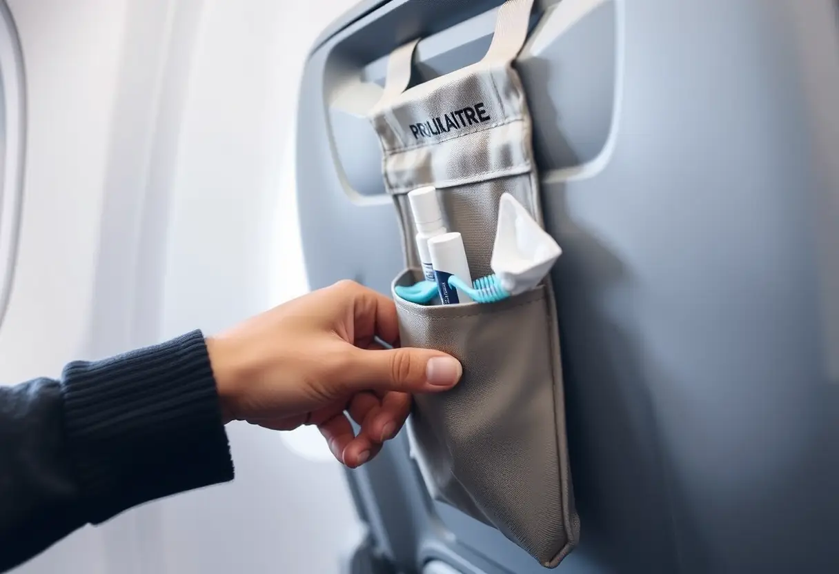 Une main qui pénètre dans un sac de toilette en tissu accroché au dossier avant d'une selle d'avion, tenant une brosse à dents et du dentifrice