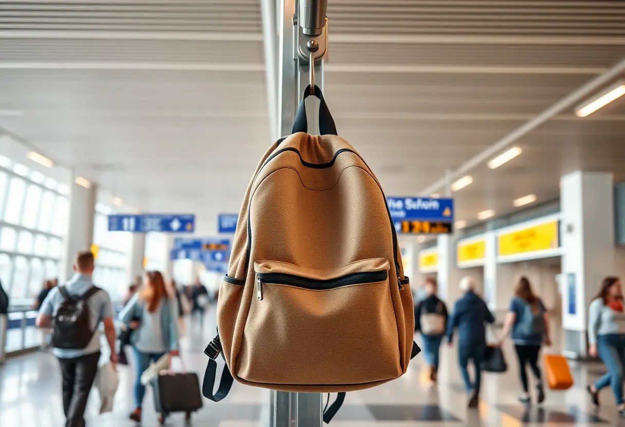 Un sac à dos en toile accroché à un porte-bagages métallique près de l'entrée d'un terminal aéroportuaire animé