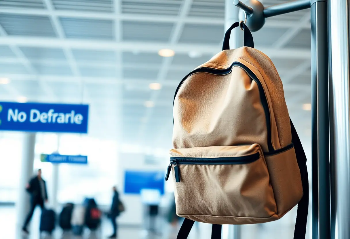 Un sac à dos en toile suspendu sur un porte-manteau dans une salle de départ d'aéroport