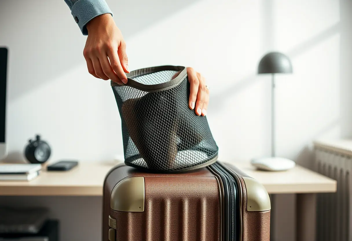 Une main tendue vers un sac en maille posé sur une valise à roulette chez soi