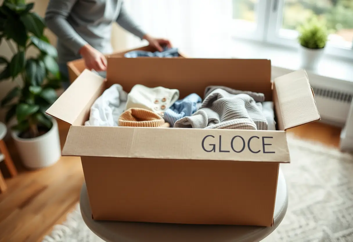 Un carton rectangulaire rempli de vêtements pliés soigneusement placé sur une chaise dans un salon