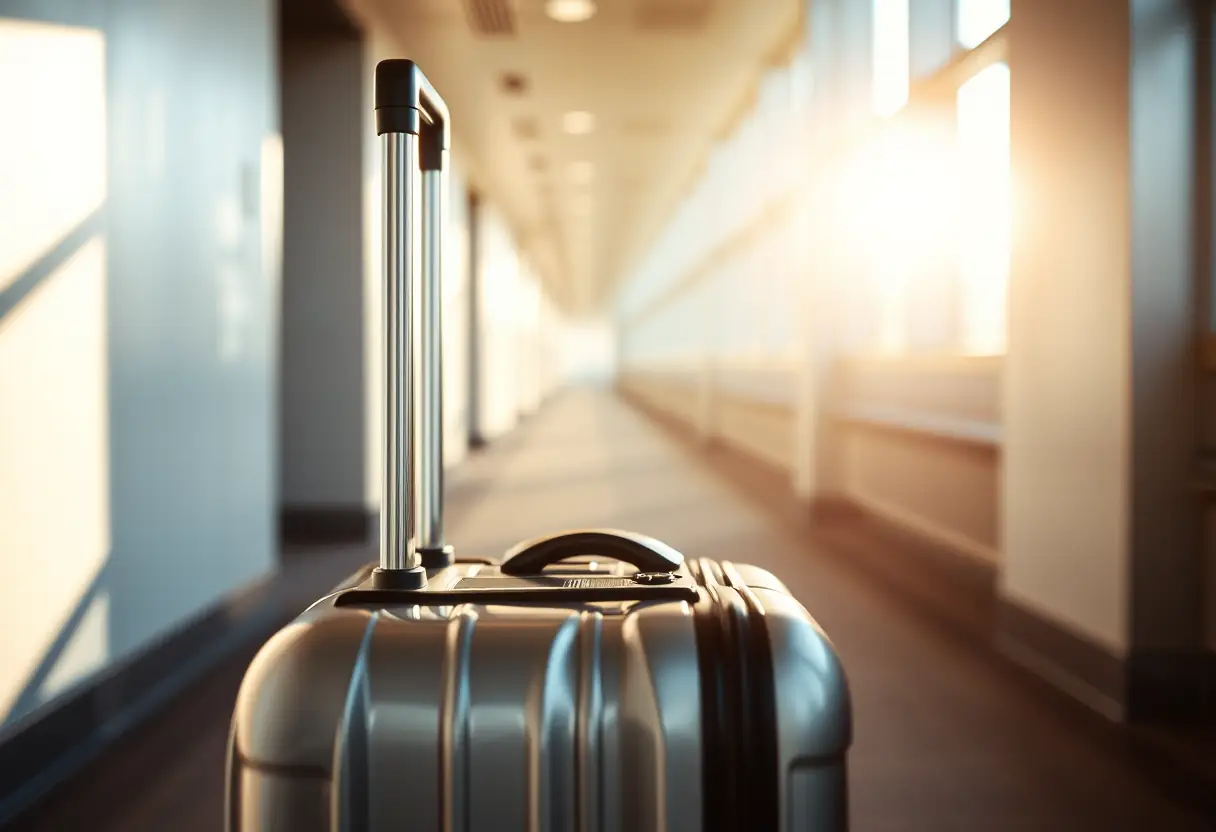Un rabat télescopique déployé sur une valise qui est tirée dans un couloir d'aéroport à l'aube